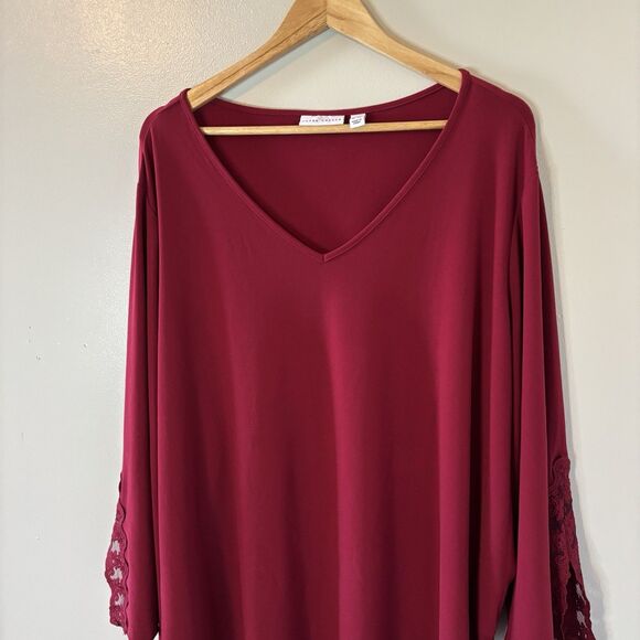Susan Graver Liquid Knit Tunic Top Dark Red Lace Detail Mature Blouse Sz 3X - Picture 2 of 9